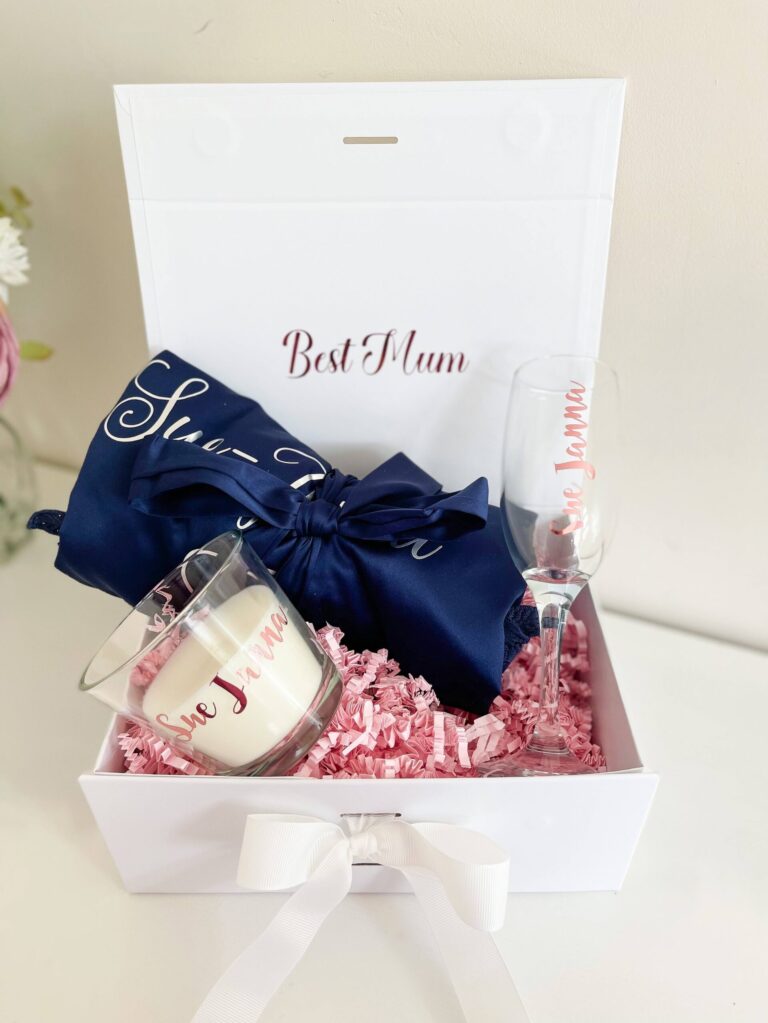 Silk blue Gown Gift Box with candle and Champaign flute