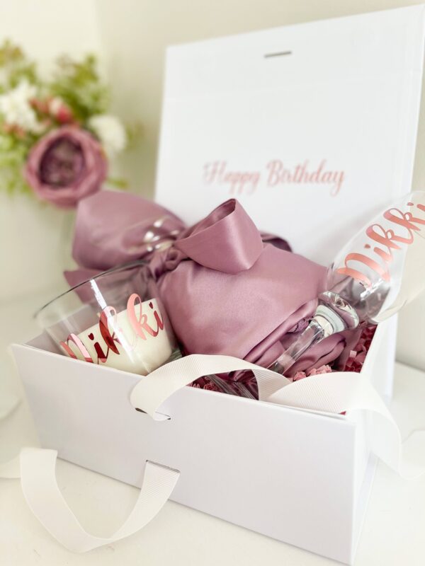 Silk Gown Gift Box with candle and Champaign flute from the left